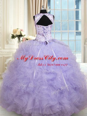 Excellent Scoop Floor Length Lavender Quinceanera Dress Tulle Sleeveless Beading and Ruffles