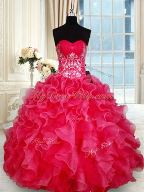 Floor Length Red Sweet 16 Dress Sweetheart Sleeveless Lace Up