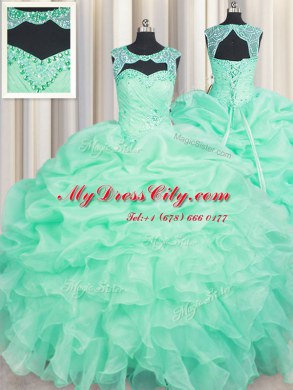 Comfortable Scoop Sleeveless Organza Floor Length Lace Up Quinceanera Dresses in Apple Green with Beading and Ruffles and Pick Ups