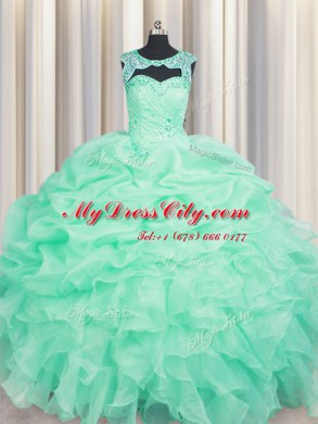 Comfortable Scoop Sleeveless Organza Floor Length Lace Up Quinceanera Dresses in Apple Green with Beading and Ruffles and Pick Ups