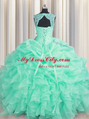 Comfortable Scoop Sleeveless Organza Floor Length Lace Up Quinceanera Dresses in Apple Green with Beading and Ruffles and Pick Ups