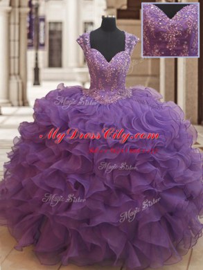 High Class Straps Floor Length Ball Gowns Cap Sleeves Eggplant Purple Quinceanera Gown Zipper