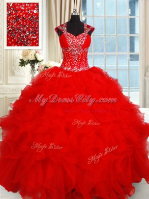 Ball Gowns Quinceanera Gown Red Sweetheart Organza Cap Sleeves Floor Length Backless