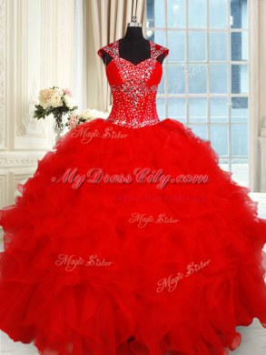 Ball Gowns Quinceanera Gown Red Sweetheart Organza Cap Sleeves Floor Length Backless