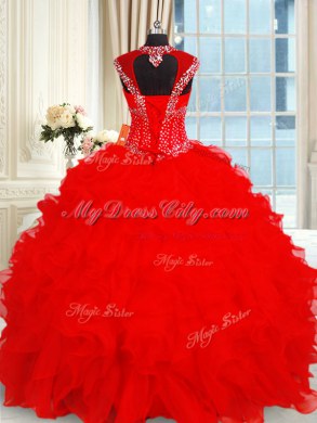 Ball Gowns Quinceanera Gown Red Sweetheart Organza Cap Sleeves Floor Length Backless