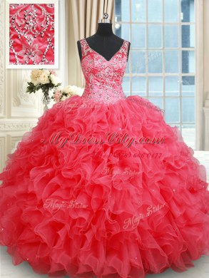 Fabulous Coral Red Backless V-neck Beading and Ruffles Quinceanera Gown Organza Sleeveless