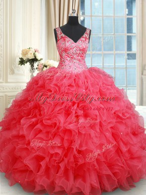 Fabulous Coral Red Backless V-neck Beading and Ruffles Quinceanera Gown Organza Sleeveless