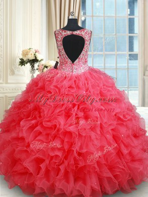 Fabulous Coral Red Backless V-neck Beading and Ruffles Quinceanera Gown Organza Sleeveless