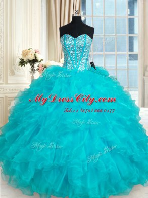 Beautiful Floor Length Aqua Blue Ball Gown Prom Dress Sweetheart Sleeveless Lace Up