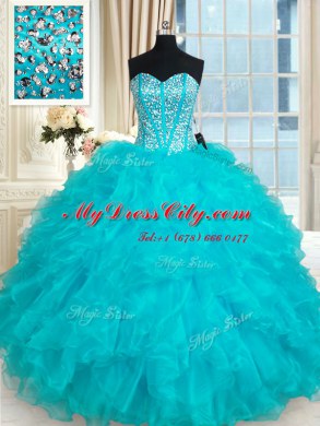 Beautiful Floor Length Aqua Blue Ball Gown Prom Dress Sweetheart Sleeveless Lace Up