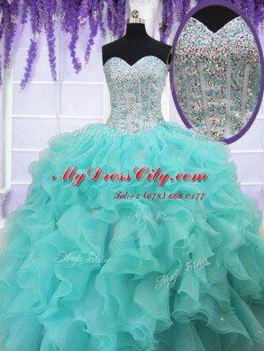 Latest Organza Sweetheart Sleeveless Lace Up Beading and Ruffles Sweet 16 Quinceanera Dress in Aqua Blue