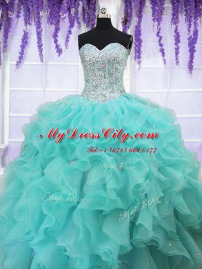 Latest Organza Sweetheart Sleeveless Lace Up Beading and Ruffles Sweet 16 Quinceanera Dress in Aqua Blue