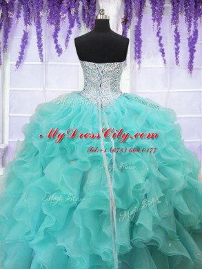 Latest Organza Sweetheart Sleeveless Lace Up Beading and Ruffles Sweet 16 Quinceanera Dress in Aqua Blue