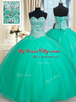 Floor Length Lace Up 15 Quinceanera Dress Turquoise for Military Ball and Sweet 16 and Quinceanera with Beading