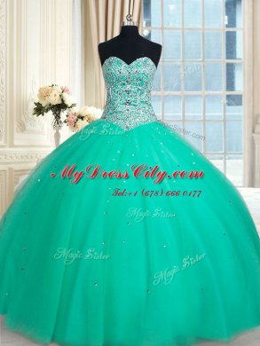 Floor Length Lace Up 15 Quinceanera Dress Turquoise for Military Ball and Sweet 16 and Quinceanera with Beading