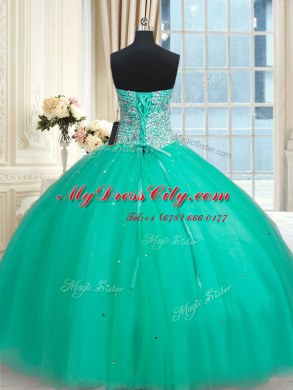 Floor Length Lace Up 15 Quinceanera Dress Turquoise for Military Ball and Sweet 16 and Quinceanera with Beading