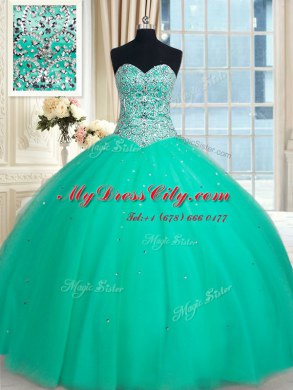 Floor Length Lace Up 15 Quinceanera Dress Turquoise for Military Ball and Sweet 16 and Quinceanera with Beading