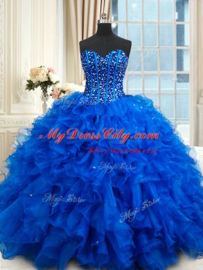 High End Royal Blue Ball Gowns Sweetheart Sleeveless Organza Floor Length Lace Up Beading and Ruffles Quinceanera Gown