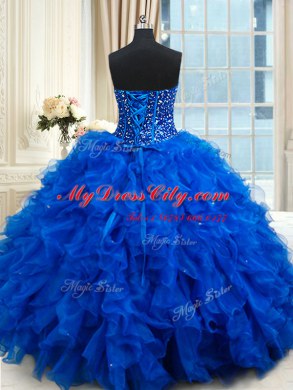 High End Royal Blue Ball Gowns Sweetheart Sleeveless Organza Floor Length Lace Up Beading and Ruffles Quinceanera Gown