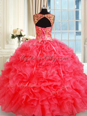 Charming Coral Red Ball Gowns Organza Straps Sleeveless Beading and Ruffles Floor Length Lace Up Ball Gown Prom Dress