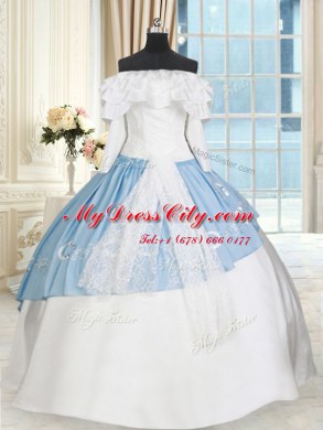 Luxury Blue And White Ball Gowns Off The Shoulder Long Sleeves Taffeta Floor Length Lace Up Lace and Bowknot Quinceanera Gowns