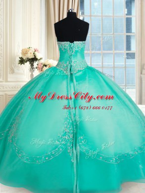 Strapless Sleeveless Quinceanera Dress Floor Length Beading and Appliques Turquoise Organza