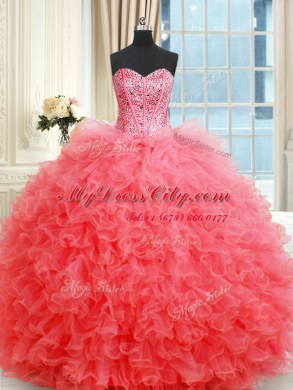 Fine Coral Red Ball Gowns Beading and Ruffles Quinceanera Gowns Lace Up Organza Sleeveless Floor Length