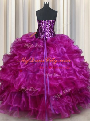 Dazzling Sequins Ball Gowns 15 Quinceanera Dress Purple Sweetheart Organza Sleeveless Floor Length Lace Up