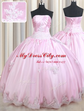 Luxurious Baby Pink Ball Gowns Taffeta Strapless Sleeveless Appliques Floor Length Lace Up Sweet 16 Dress