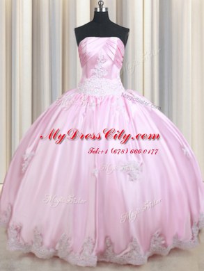 Luxurious Baby Pink Ball Gowns Taffeta Strapless Sleeveless Appliques Floor Length Lace Up Sweet 16 Dress