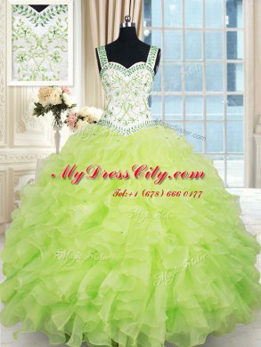 Straps Yellow Green Sleeveless Floor Length Beading and Ruffles Lace Up Quinceanera Gown