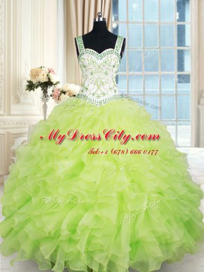 Straps Yellow Green Sleeveless Floor Length Beading and Ruffles Lace Up Quinceanera Gown