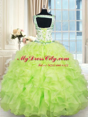 Straps Yellow Green Sleeveless Floor Length Beading and Ruffles Lace Up Quinceanera Gown