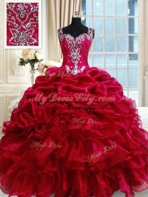 Customized Straps Fuchsia Ball Gowns Ruffled Layers and Pick Ups Sweet 16 Dress Zipper Organza Sleeveless Floor Length