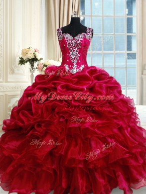 Customized Straps Fuchsia Ball Gowns Ruffled Layers and Pick Ups Sweet 16 Dress Zipper Organza Sleeveless Floor Length