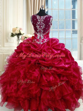 Customized Straps Fuchsia Ball Gowns Ruffled Layers and Pick Ups Sweet 16 Dress Zipper Organza Sleeveless Floor Length