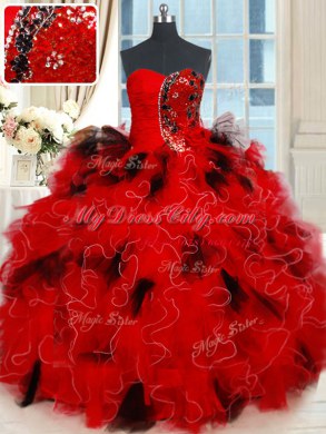 Edgy Black and Red Sleeveless Beading and Ruffles and Sequins Floor Length Vestidos de Quinceanera