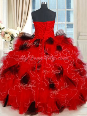 Edgy Black and Red Sleeveless Beading and Ruffles and Sequins Floor Length Vestidos de Quinceanera