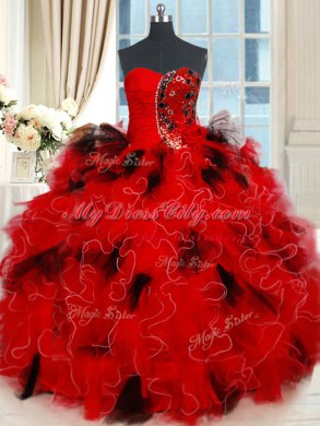 Edgy Black and Red Sleeveless Beading and Ruffles and Sequins Floor Length Vestidos de Quinceanera