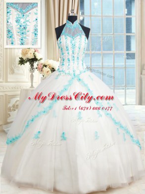 Ball Gowns 15th Birthday Dress White Halter Top Tulle Sleeveless Floor Length Lace Up