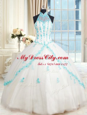 Ball Gowns 15th Birthday Dress White Halter Top Tulle Sleeveless Floor Length Lace Up