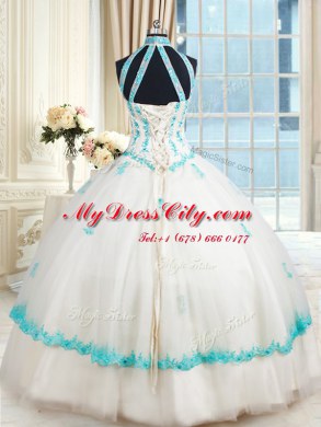 Ball Gowns 15th Birthday Dress White Halter Top Tulle Sleeveless Floor Length Lace Up