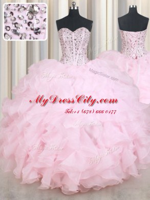 Baby Pink Lace Up Quince Ball Gowns Beading and Ruffles Sleeveless Floor Length