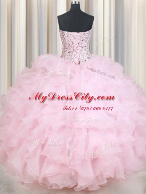 Baby Pink Lace Up Quince Ball Gowns Beading and Ruffles Sleeveless Floor Length