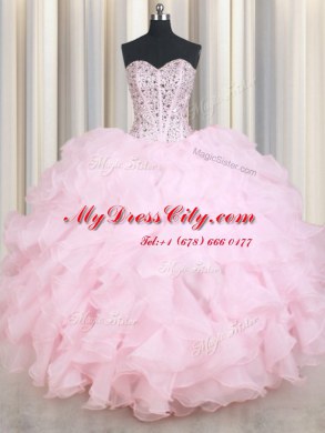 Baby Pink Lace Up Quince Ball Gowns Beading and Ruffles Sleeveless Floor Length