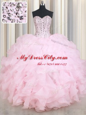 Baby Pink Lace Up Quince Ball Gowns Beading and Ruffles Sleeveless Floor Length