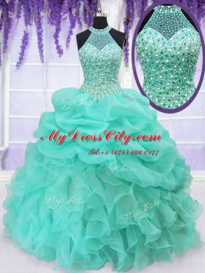 Dramatic Pick Ups Floor Length Aqua Blue 15th Birthday Dress Halter Top Sleeveless Lace Up