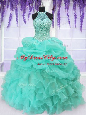 Dramatic Pick Ups Floor Length Aqua Blue 15th Birthday Dress Halter Top Sleeveless Lace Up