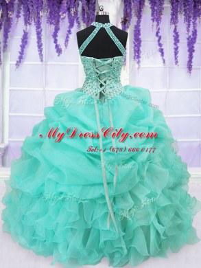 Dramatic Pick Ups Floor Length Aqua Blue 15th Birthday Dress Halter Top Sleeveless Lace Up