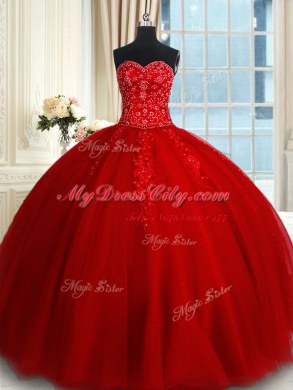 Red Tulle Lace Up Sweetheart Sleeveless Floor Length Sweet 16 Dresses Beading and Appliques